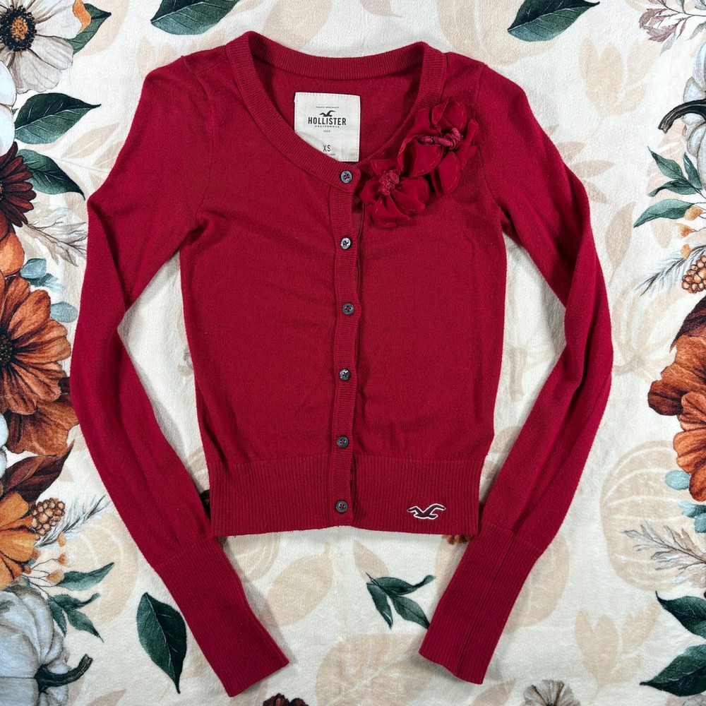 Vintage Y2K Hollister California Cropped Cardigan Red Rose Button Up Womens XS
